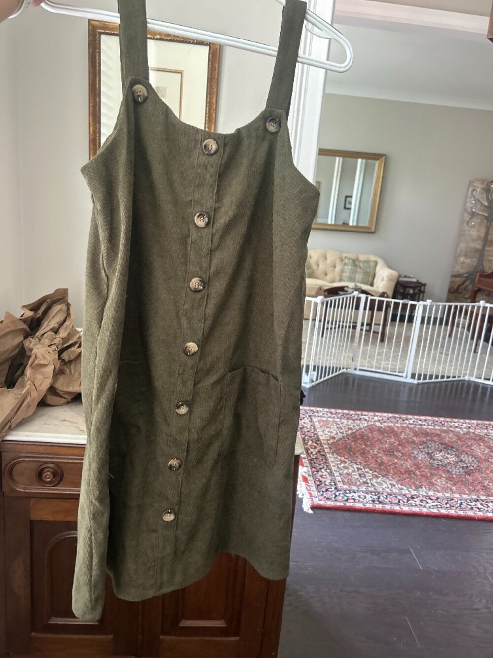 Dark green corduroy style overall dress